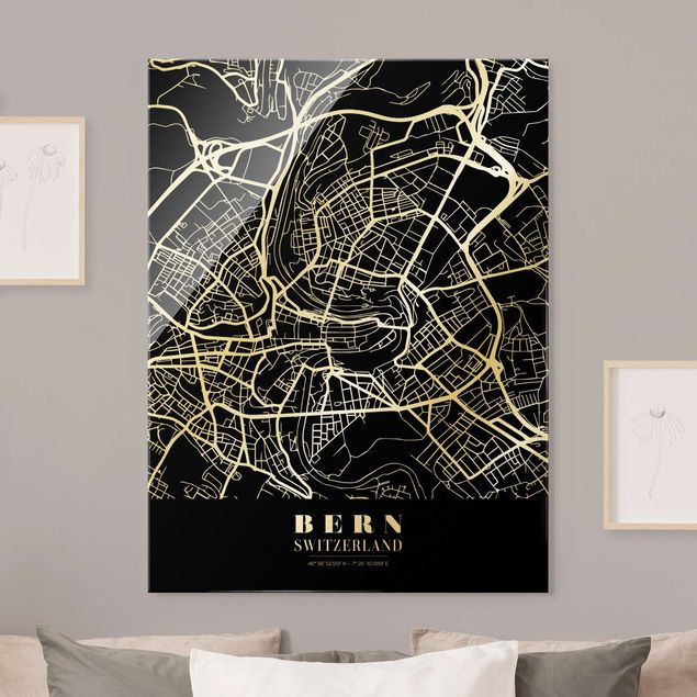 schwarz weiß Glasbilder Stadtplan Bern - Klassik Schwarz