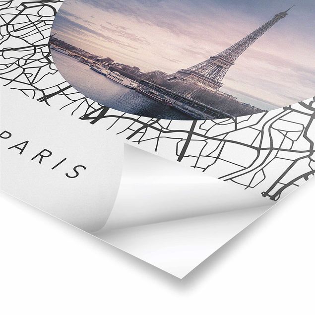Wandbilder Schwarz-Weiß Stadtplan Collage Paris