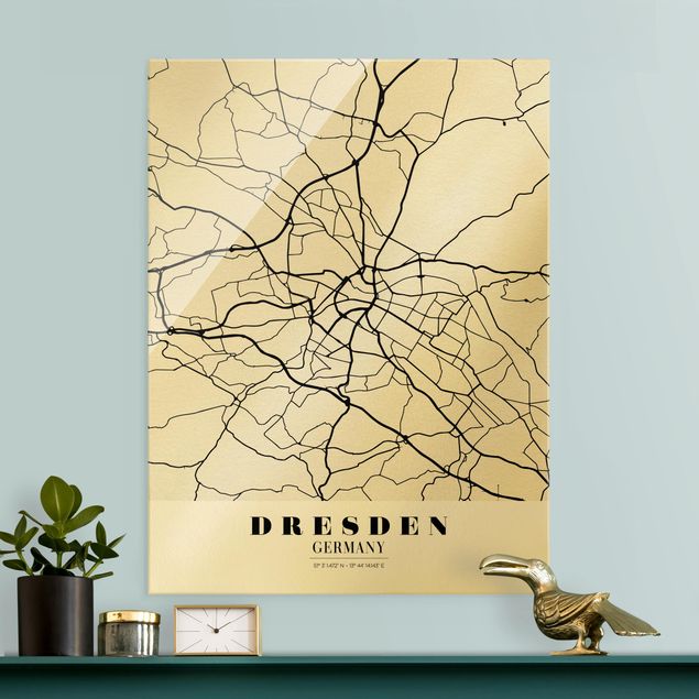 Glasbild schwarz-weiß Stadtplan Dresden - Klassik