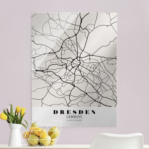 Glasbild schwarz-weiß Stadtplan Dresden - Klassik