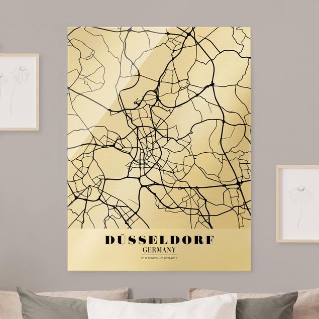 Glasbild schwarz-weiß Stadtplan Düsseldorf - Klassik