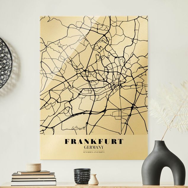 schwarz weiß Glasbilder Stadtplan Frankfurt - Klassik