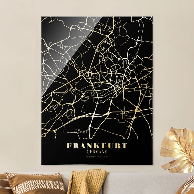 Glasbild schwarz-weiß Stadtplan Frankfurt - Klassik Schwarz