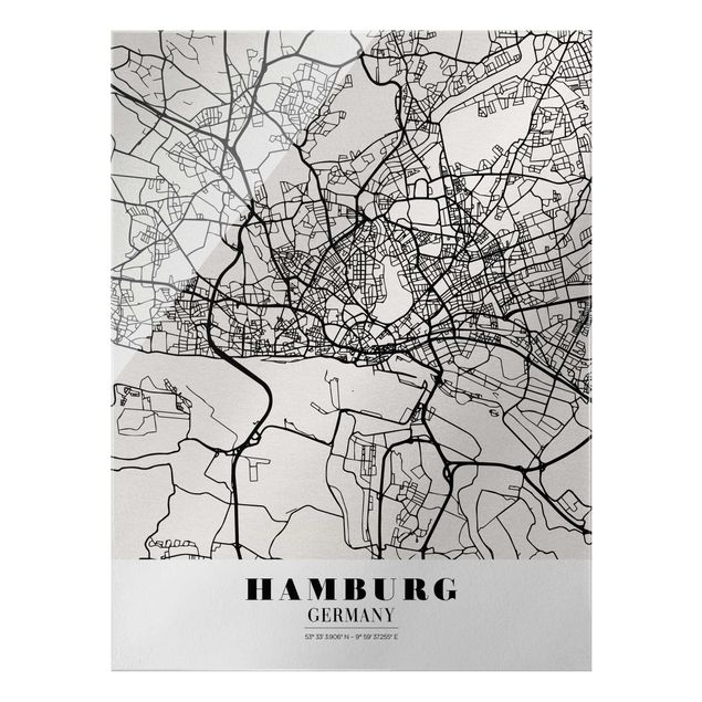 Glasbilder Weltkarten Stadtplan Hamburg - Klassik
