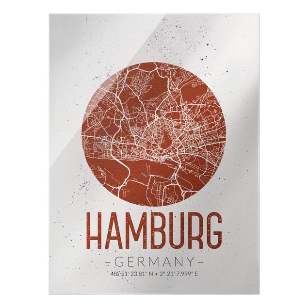 Glasbilder Weltkarten Stadtplan Hamburg - Retro