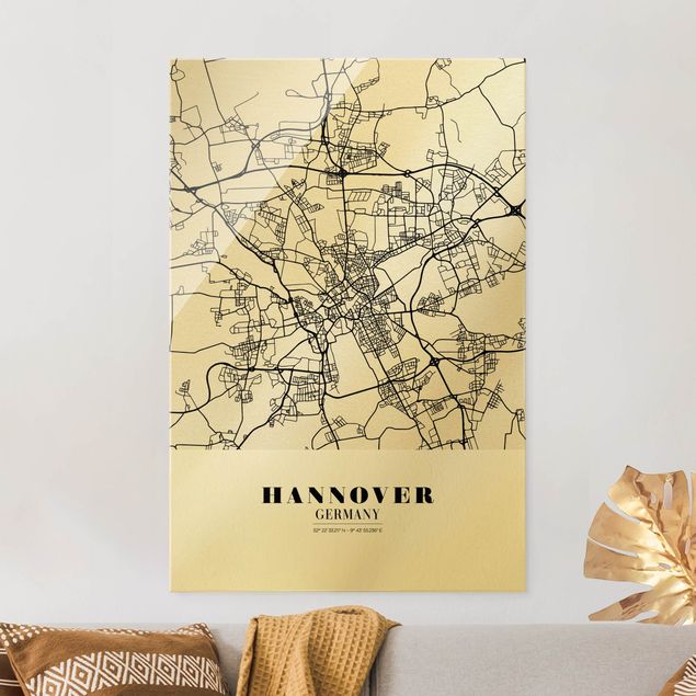 Glasbild schwarz-weiß Stadtplan Hannover - Klassik