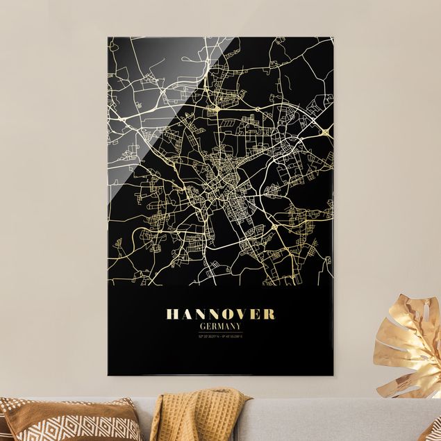 schwarz weiß Glasbilder Stadtplan Hannover - Klassik Schwarz