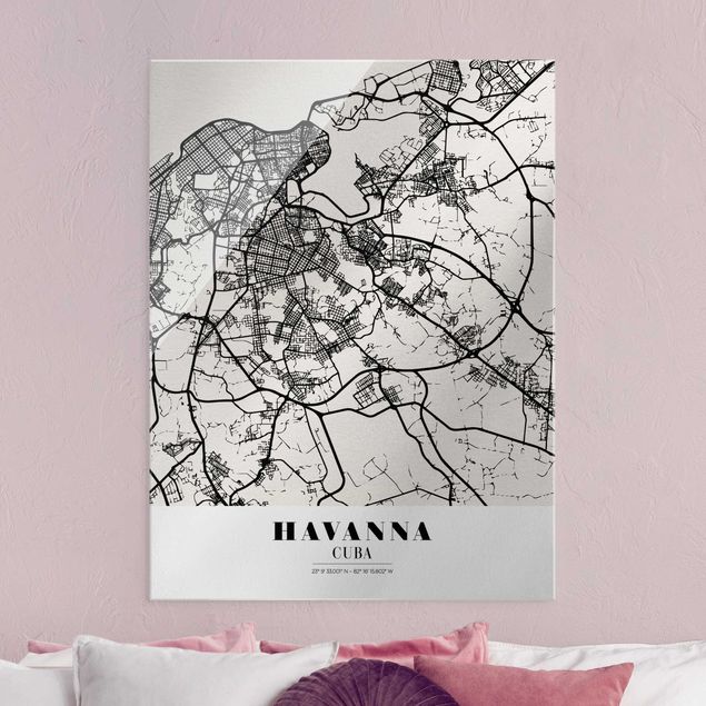 Glasbild schwarz-weiß Stadtplan Havanna - Klassik