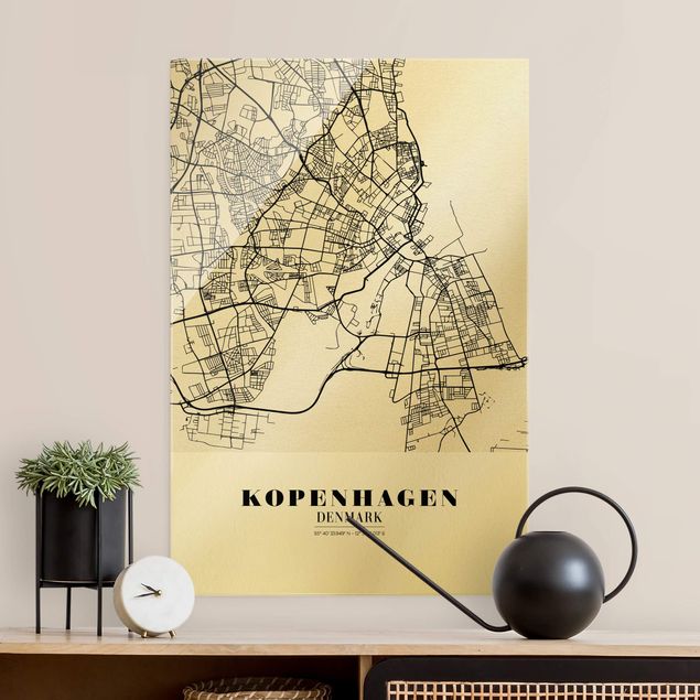 Glasbild Stadt Stadtplan Kopenhagen - Klassik