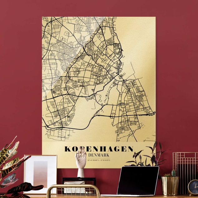 Glasbild schwarz-weiß Stadtplan Kopenhagen - Klassik