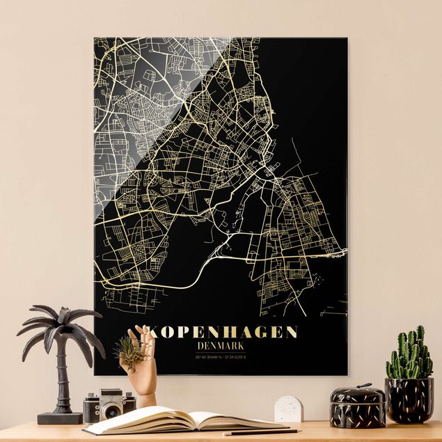 Glasbild schwarz-weiß Stadtplan Kopenhagen - Klassik Schwarz