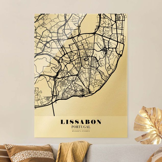 Glasbild schwarz-weiß Stadtplan Lissabon - Klassik