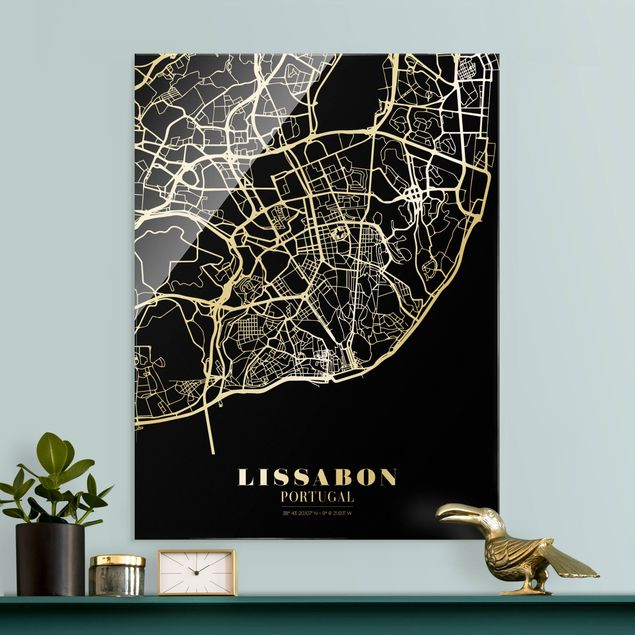 schwarz weiß Glasbilder Stadtplan Lissabon - Klassik Schwarz