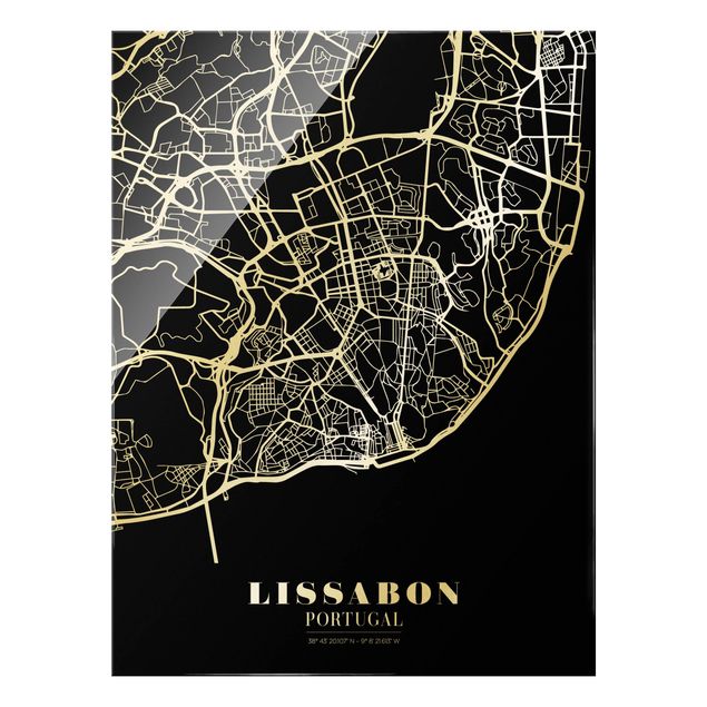 Wandbilder Schwarz-Weiß Stadtplan Lissabon - Klassik Schwarz