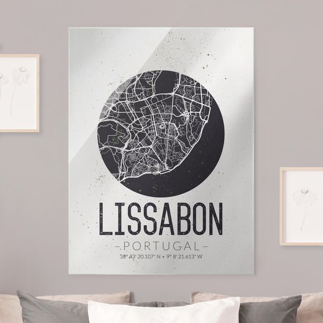 Glasbilder Schwarz-Weiß Stadtplan Lissabon - Retro