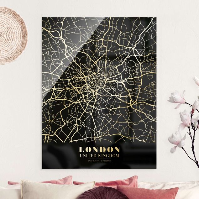 Glasbilder London Stadtplan London - Klassik Schwarz