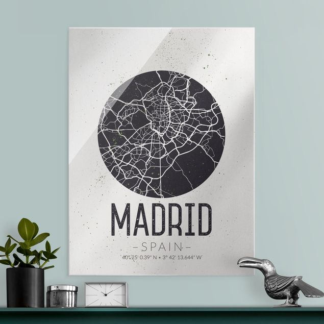 Glasbilder Schwarz-Weiß Stadtplan Madrid - Retro