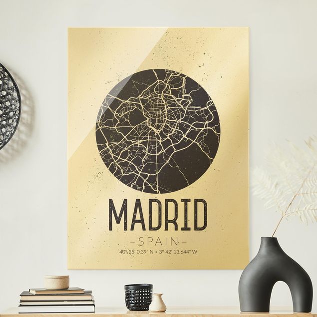 Glasbilder Schwarz-Weiß Stadtplan Madrid - Retro