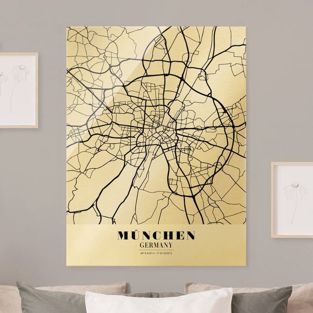 Glasbild schwarz-weiß Stadtplan München - Klassik