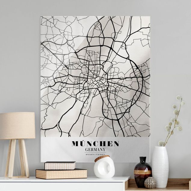 Glasbild schwarz-weiß Stadtplan München - Klassik