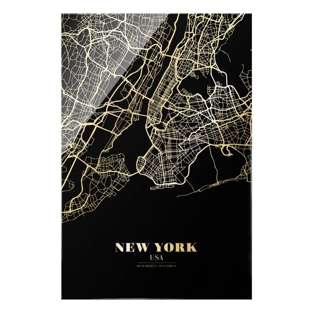 Glasbilder Städte Stadtplan New York - Klassik Schwarz