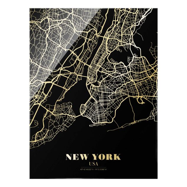 Glasbild Stadt Stadtplan New York - Klassik Schwarz