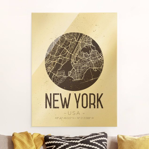 New York Glasbild Stadtplan New York - Retro