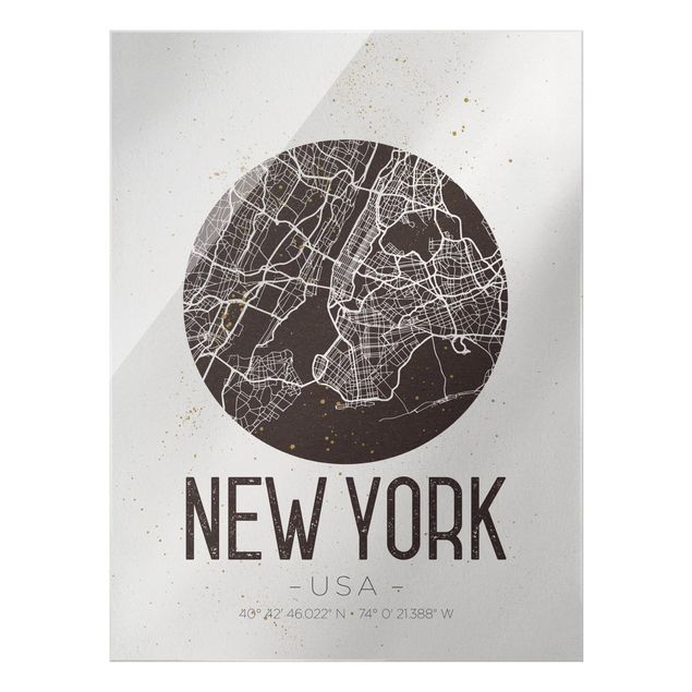 Glasbilder Sprüche Stadtplan New York - Retro
