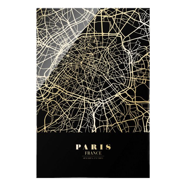 Glasbild Skyline Stadtplan Paris - Klassik Schwarz