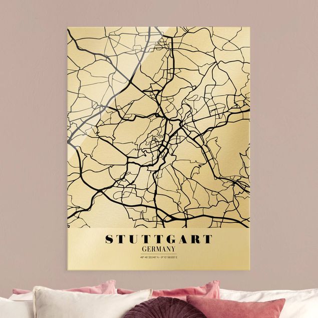 Glasbild schwarz-weiß Stadtplan Stuttgart - Klassik