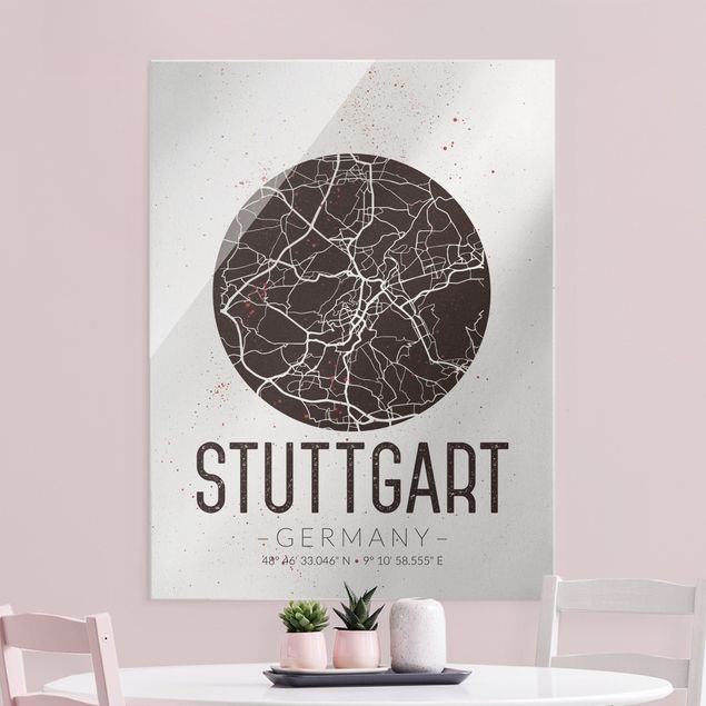Glasbild schwarz-weiß Stadtplan Stuttgart - Retro
