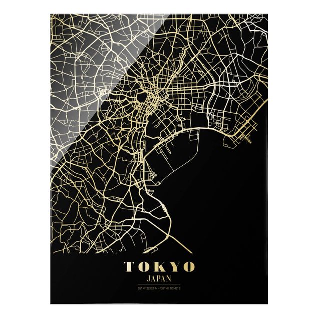 Glasbild Skyline Stadtplan Tokyo - Klassik Schwarz