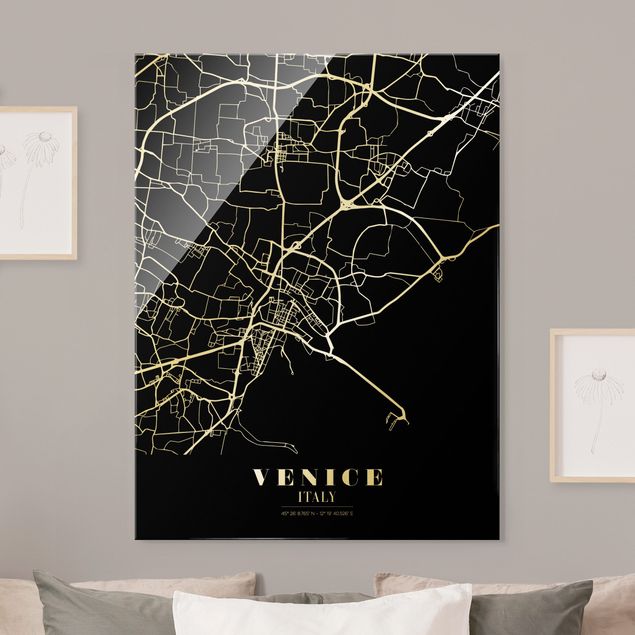 schwarz weiß Glasbilder Stadtplan Venedig - Klassik Schwarz