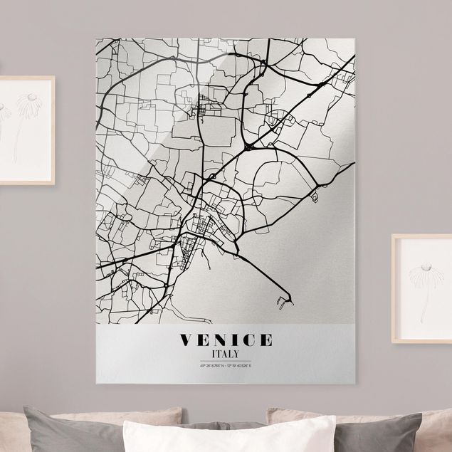 Glasbild schwarz-weiß Stadtplan Venice - Klassik