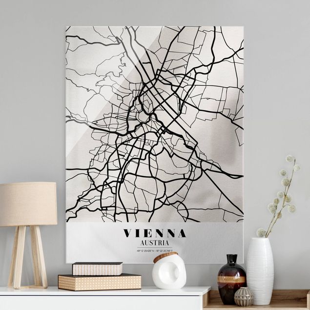 Glasbilder Schwarz-Weiß Stadtplan Vienna - Klassik