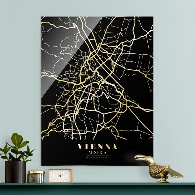 Glasbild schwarz-weiß Stadtplan Vienna - Klassik Schwarz