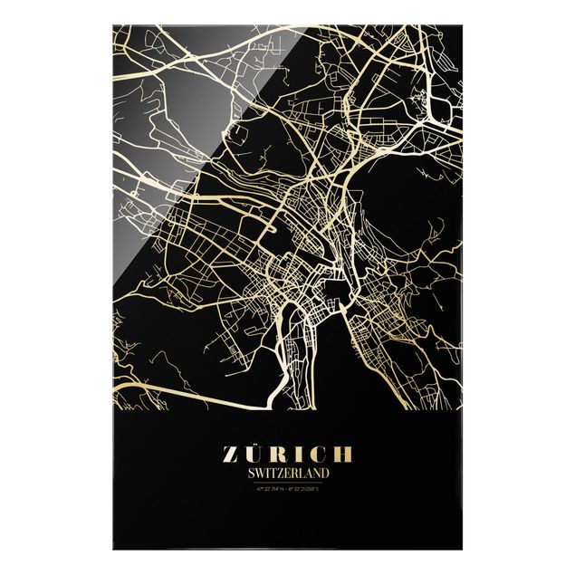Wandbilder Schwarz-Weiß Stadtplan Zürich - Klassik Schwarz