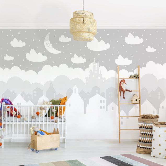 Babyzimmer Deko Sternenhimmel mit Häusern und Mond in grau