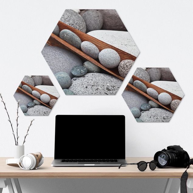 Hexagon-Alu-Dibond Bild - Stillleben mit grauen Steinen