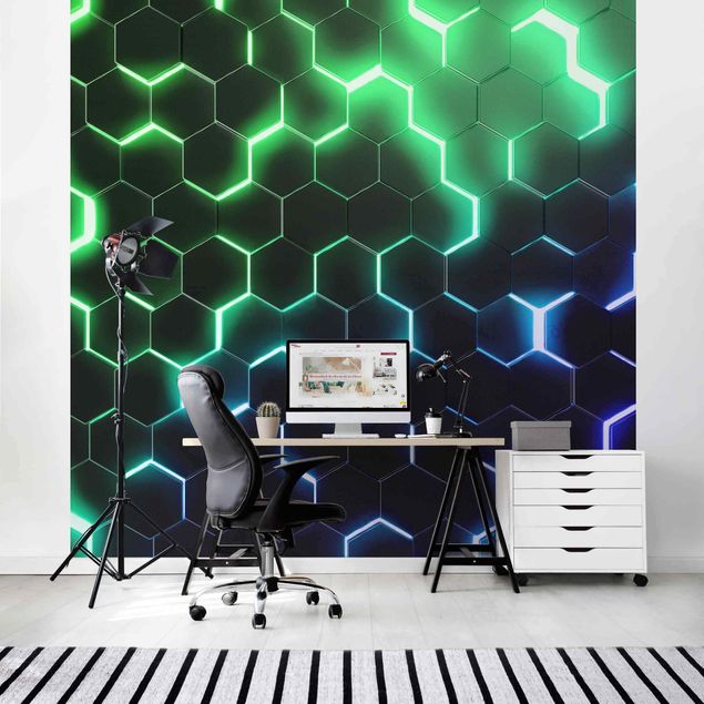 3D Tapete Strukturierte Hexagone mit Neonlicht in Grün und Blau