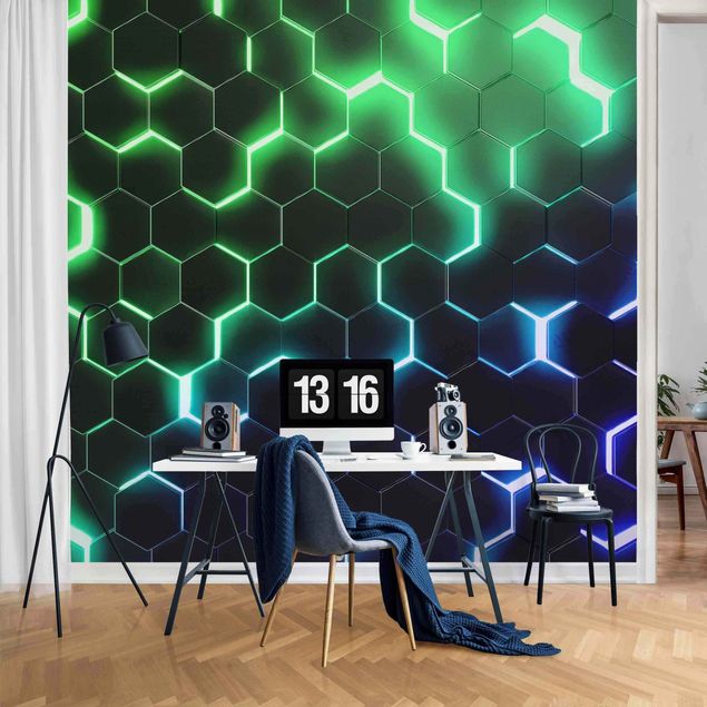 Mustertapeten Strukturierte Hexagone mit Neonlicht in Grün und Blau