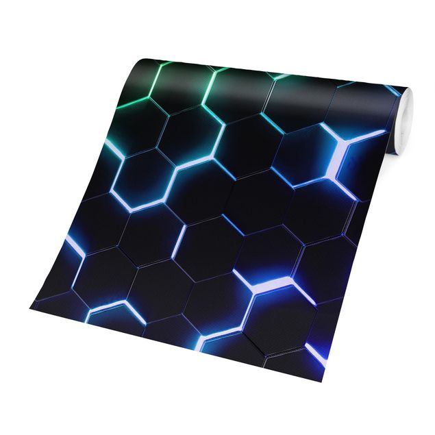 Fototapete schwarz Strukturierte Hexagone mit Neonlicht in Grün und Blau