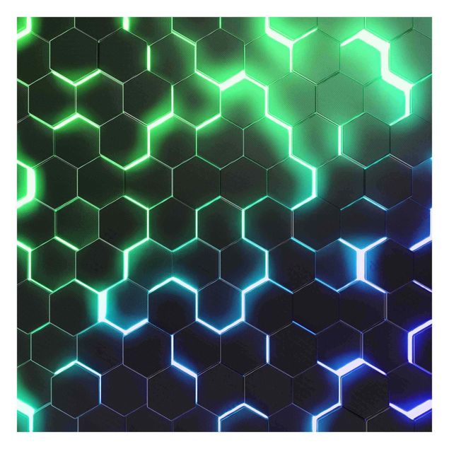 Fototapete Strukturierte Hexagone mit Neonlicht in Grün und Blau