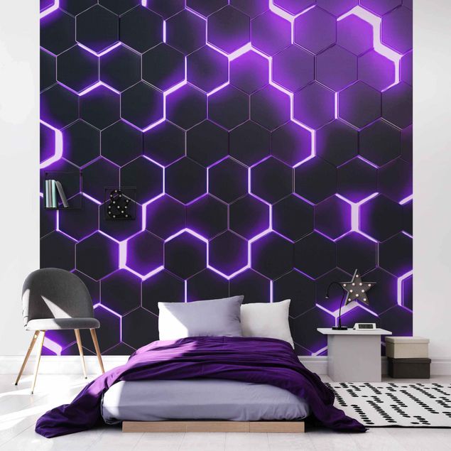 Muster Tapete Strukturierte Hexagone mit Neonlicht in Lila