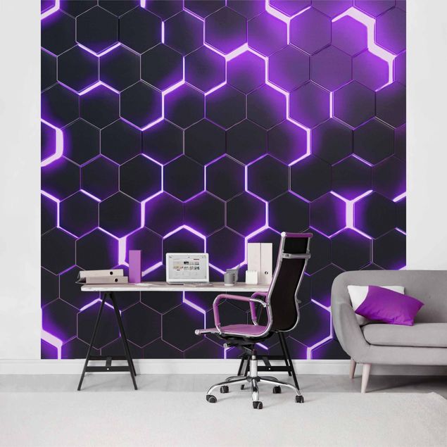 moderne Fototapete Strukturierte Hexagone mit Neonlicht in Lila