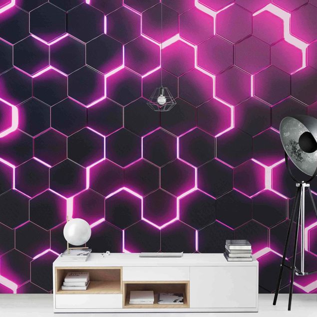 3D Tapete Strukturierte Hexagone mit Neonlicht in Pink