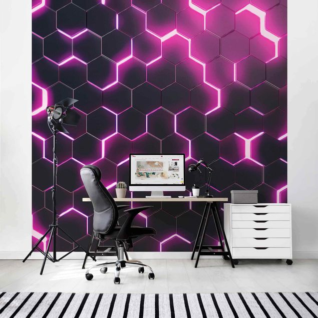Mustertapeten Strukturierte Hexagone mit Neonlicht in Pink