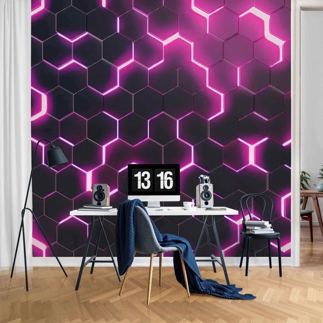 Fototapete modern Strukturierte Hexagone mit Neonlicht in Pink