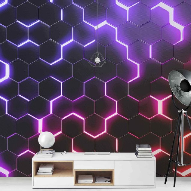 geometrische Tapete Strukturierte Hexagone mit Neonlicht in Rosa und Lila