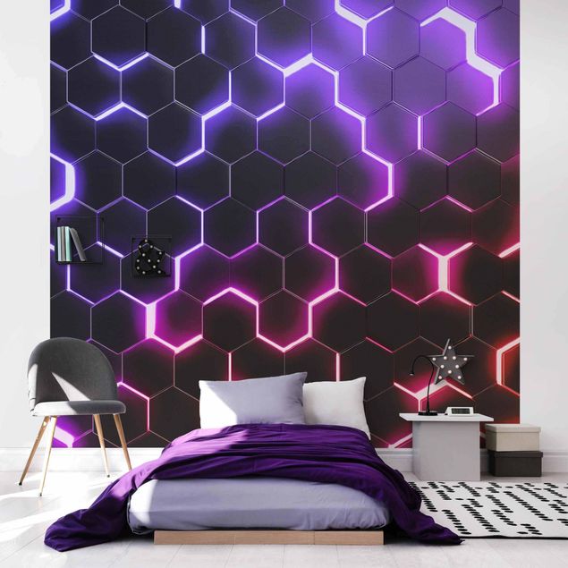 Fototapete 3D Strukturierte Hexagone mit Neonlicht in Rosa und Lila